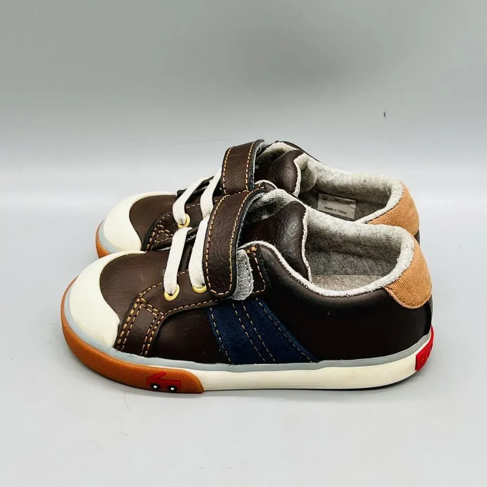 See Kai Run Shoes Boys 7 Brown Leather Car Design Hook Loop Strap Sneakers